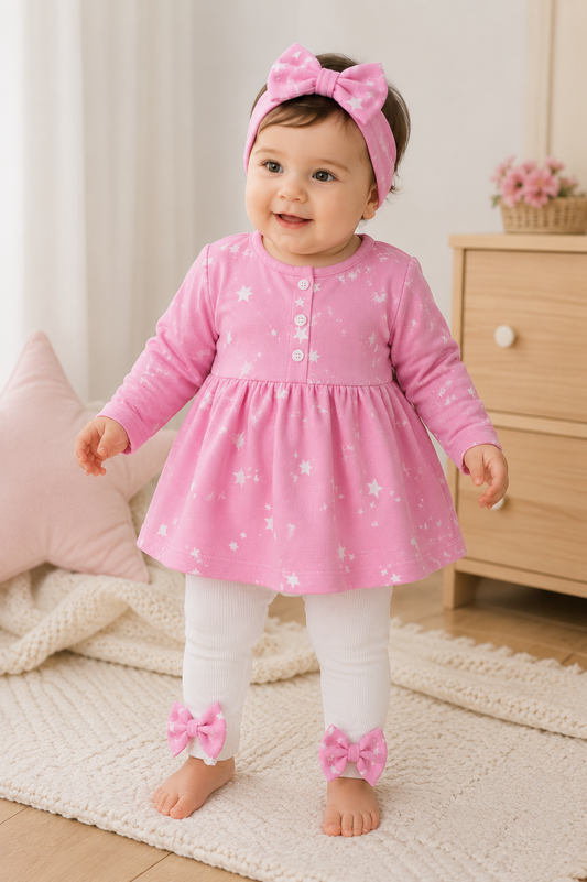 Imported Pink Star Bow 3-Piece Baby Girl Set
