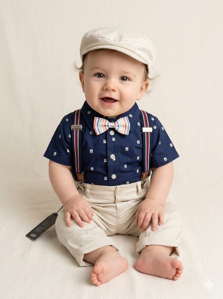 "Little Gentleman" Imported Boys Formal Dangree Romper with cap and belt(0-24m)